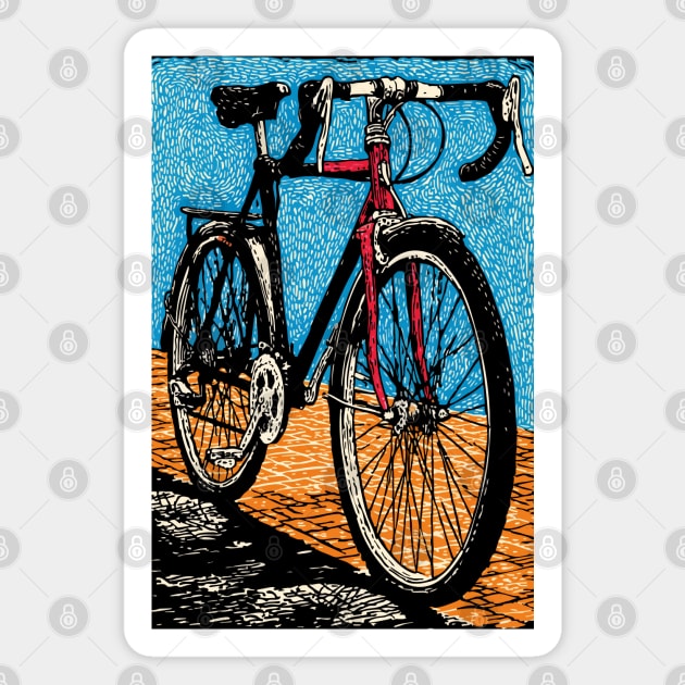 Retro Road Bike | Vintage Cycling Woodcut Art Magnet by TuncGK